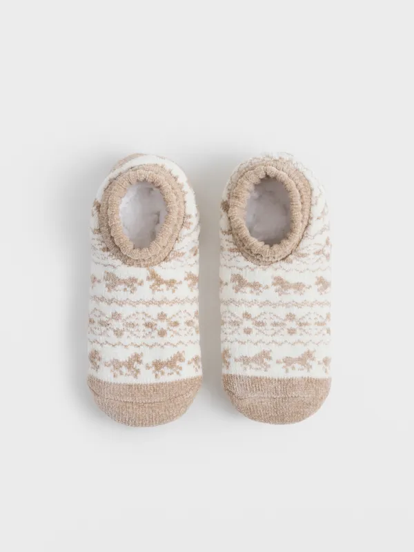 Әйелдер шұлықтары, өлшемі 36-38, үйге арналған, шенилл/шерпа, құм және сүт түстес, Жылқылар, Hot winter, image-0