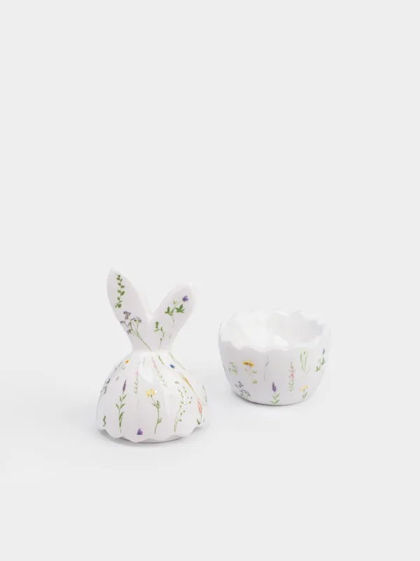 Жұмыртқа тұғыры, 13 см, керамика, сүт түстес, Жұмыртқа, Гүлдер, Rabbit in flowers, image-1