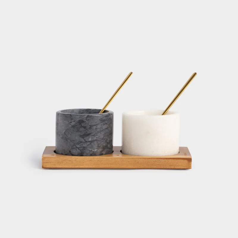 Емкость для специй, 6 см, 2 шт, с ложками, на подставке, мрамор/дерево, Marble