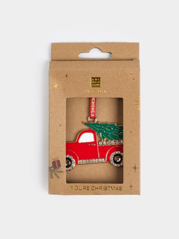 Игрушка елочная, 8 см, металл/стразы, зелено-красная, Пикап с елкой, Figure christmas, image-3