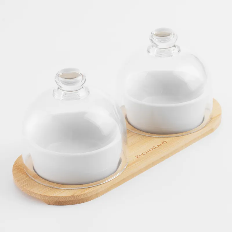 Тіскебасар жинағы, 4 зат, стендте, керамика / бамбук, ақ, қақпағы бар тостағандар, Bamboo, image-0