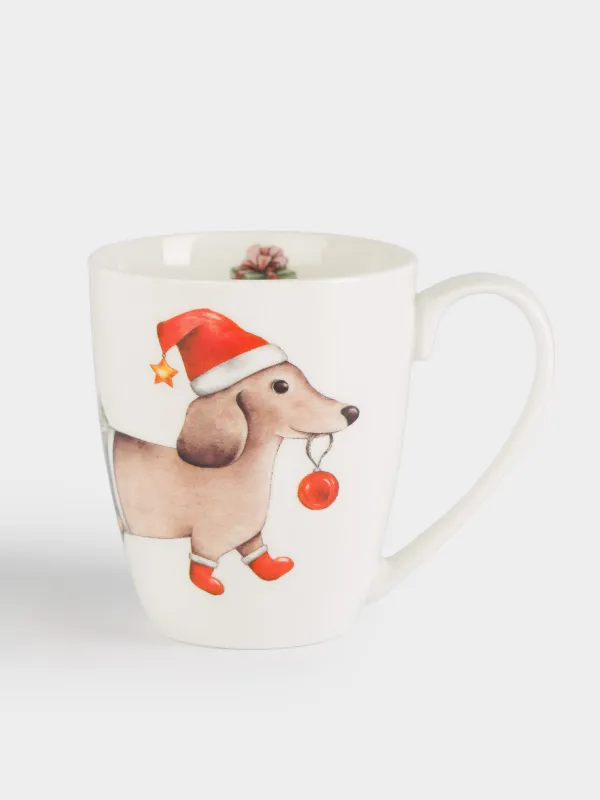 Кружка, 320 мл, фарфор N, белая, Такса с елкой, Christmas dog, image-0