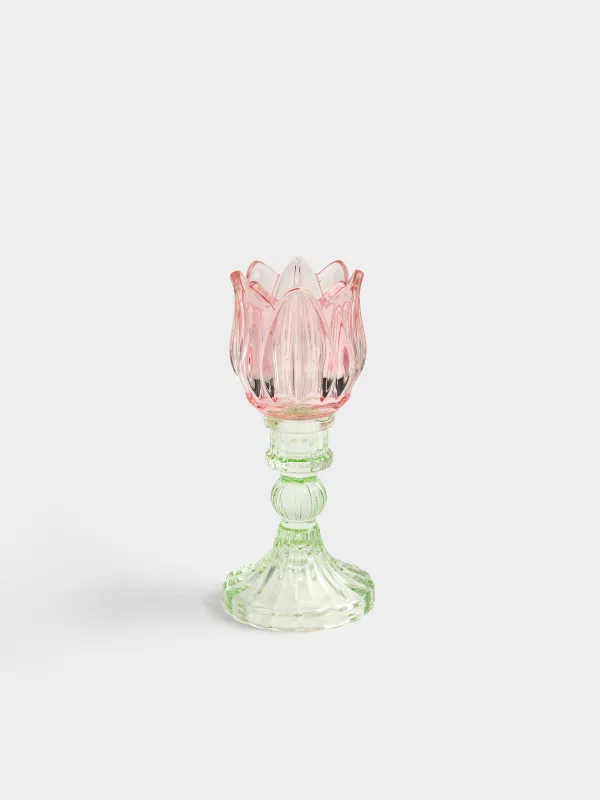 Подсвечник, 17 см, для чайной свечи, на ножке, стекло Р, зеленая ножка, Тюльпан, Fleur color, image-0