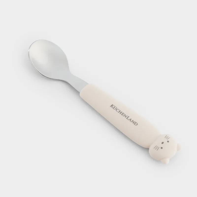 Ложка, детская, 14 см, сталь/силикон, бежевая, Кошка, Kiddy, image-1