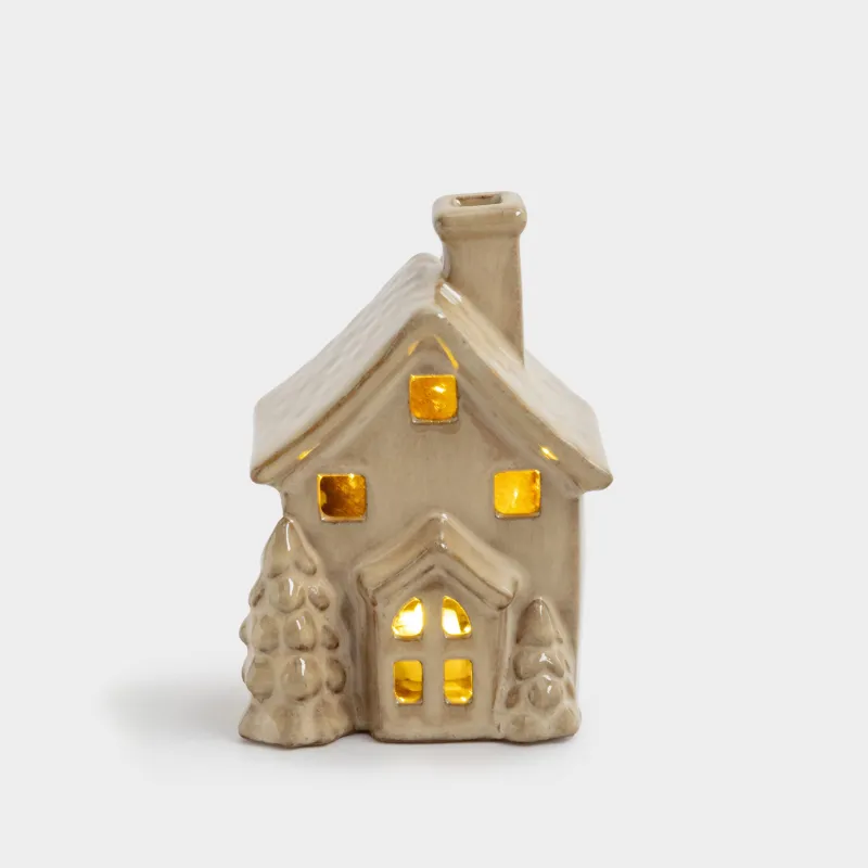 Статуэтка с подсветкой, 13 см, фарфор P, молочно-коричневая, Дом с елками, House shape
