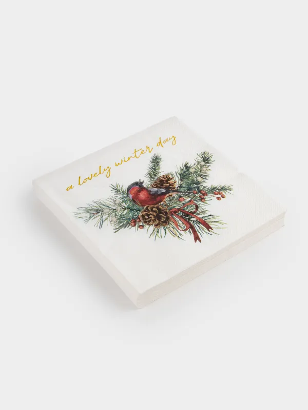 Салфетки бумажные, 33х33 см, 20 шт, квадратные, белые, Снегирь на ветке, Christmas miracle, image-1