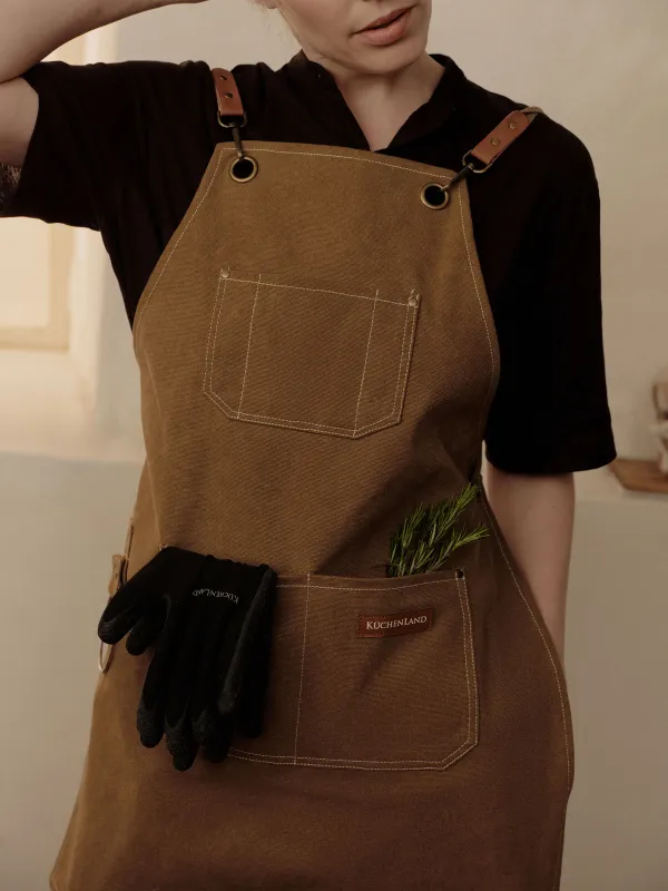 Алжапқыш, 58х78 см, қалталары бар, ұстағышы бар, брезент/жасанды былғары, қоңыр, BBQ, image-6