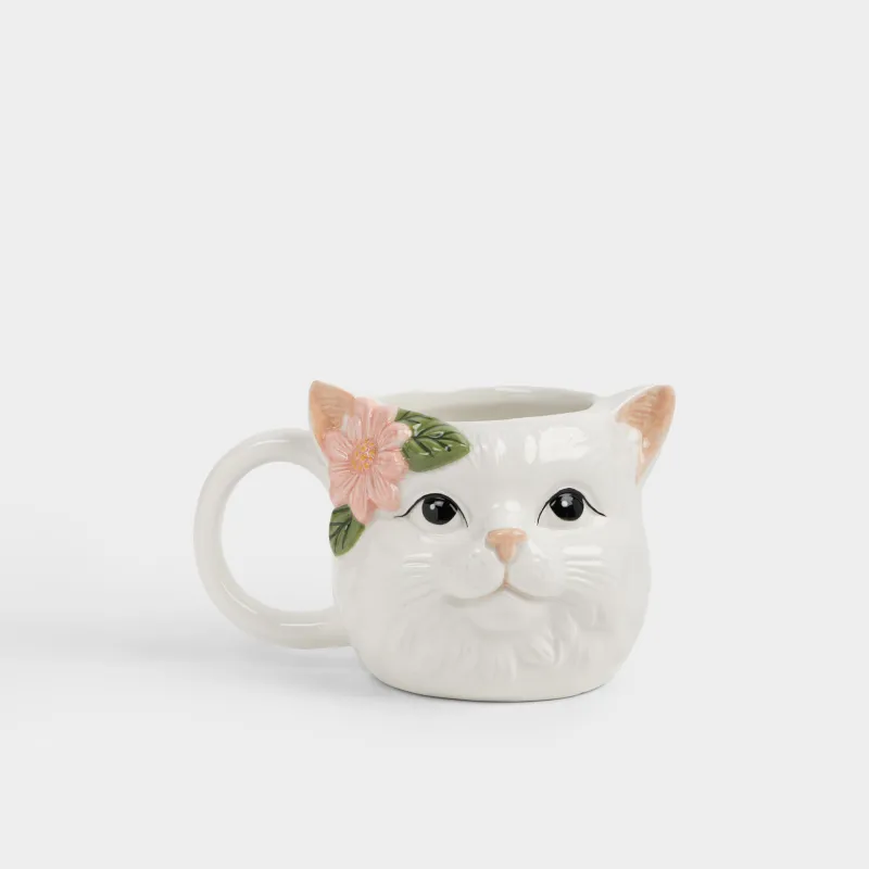 Кружка, 440 мл, керамика D, молочная, Кошка с цветком, Cat