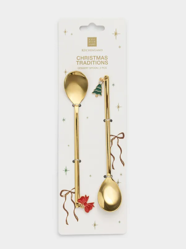 Десерт қасығы, 14 см, 2 дана, болат, алтын, садақ/Шырша, Christmas traditions, image-4