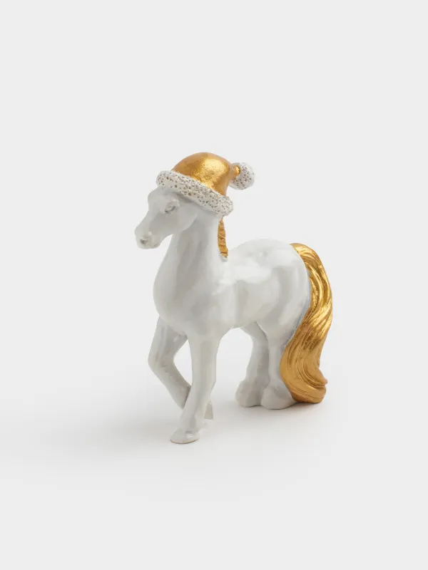 Мүсінше, 8 см, полирезин, алтын түстес ақ, Қалпақ киген жылқы, Horse white, image-2