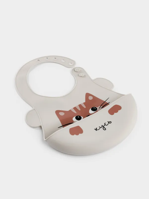 Нагрудник, детский, 28х21 см, с карманом, силикон, серый, Кошка, Kiddy, image-1