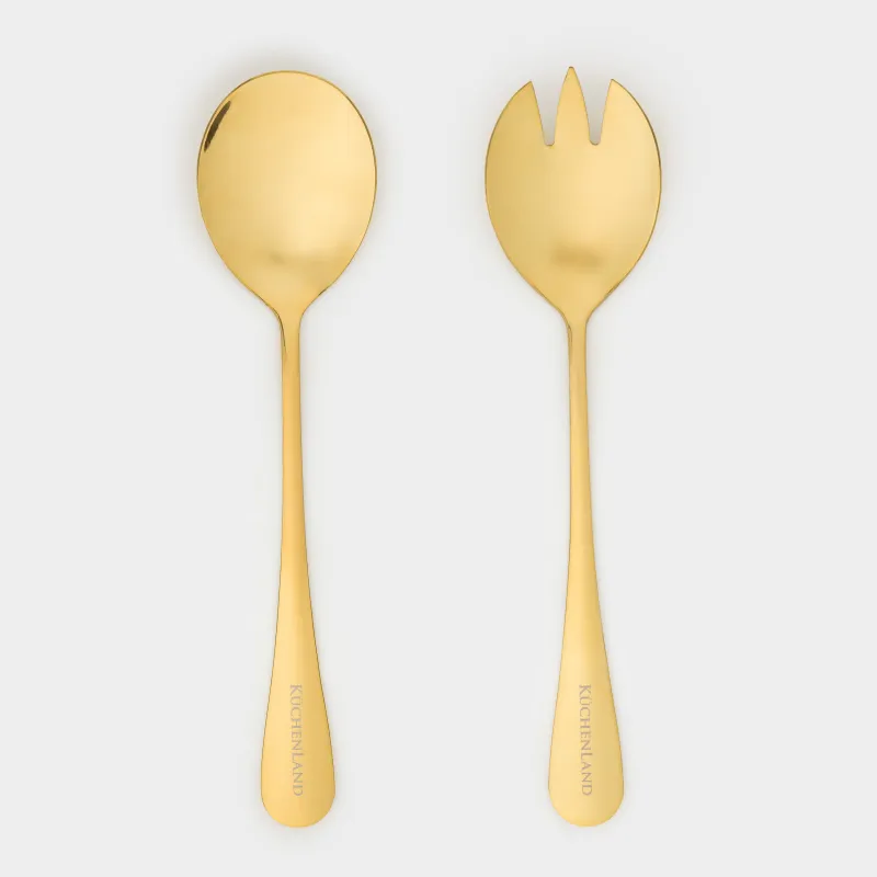 Салат ұсынуға арналған құрылғылар, 20 см, 2 зат, қасық/шанышқы, болат, алтын, Classic gold, image-1