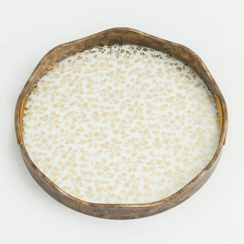 Поднос, 35 см, пластик/стекло, круглый, золотистый, Цветы, Floral, image-2