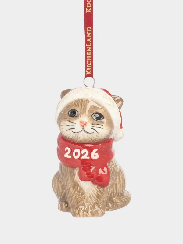 Игрушка елочная, 8 см, керамика, коричнево-красная, Кот в шарфе, Figure christmas, image-0