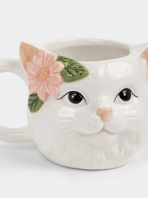 Кружка, 440 мл, керамика D, молочная, Кошка с цветком, Cat, image-1