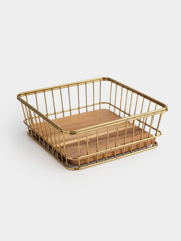 Сақтау себеті, 19х19 см, металл/ағаш, шаршы, алтын, Twist gold, image-1
