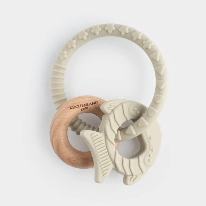 Игрушка-прорезыватель, 2 подвески, на кольце, силикон/дерево, серая, Рыбка и кольцо, Kiddy