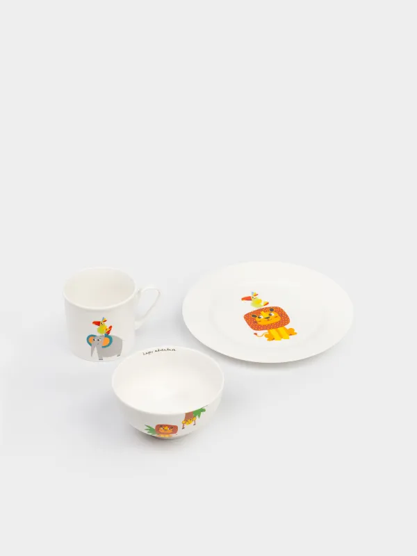 Ыдыс-аяқ жинағы, балаларға арналған, 1 адам, 3 зат, фарфор N, ақ, Жануарлар, Jungle, image-1