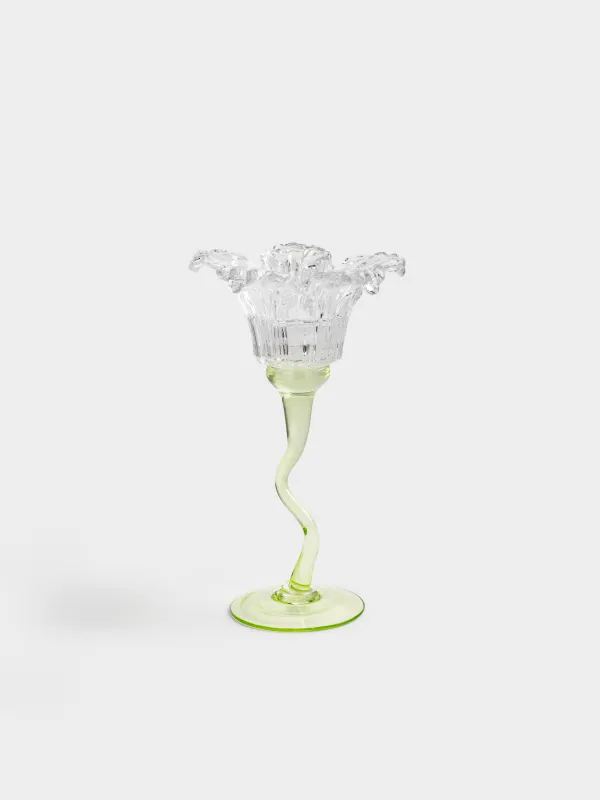 Подсвечник, 21 см, для чайной/тонкой свечи, на ножке, стекло Р, зеленая ножка, Цветок, Fleur color, image-0