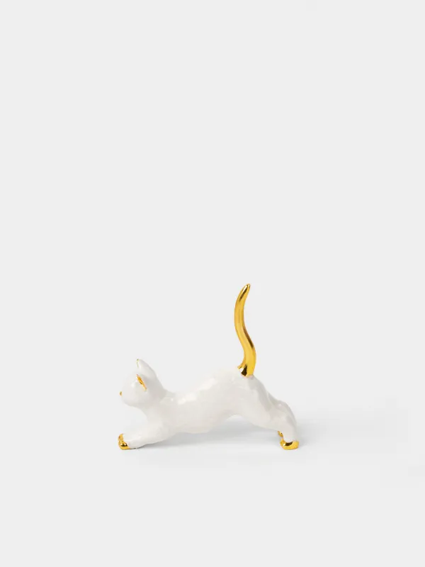 Зергерлік бұйымдарға арналған ұстағыш, 10 см, полирезин, сүт және алтын түстес, Мысық, Cat, image-0