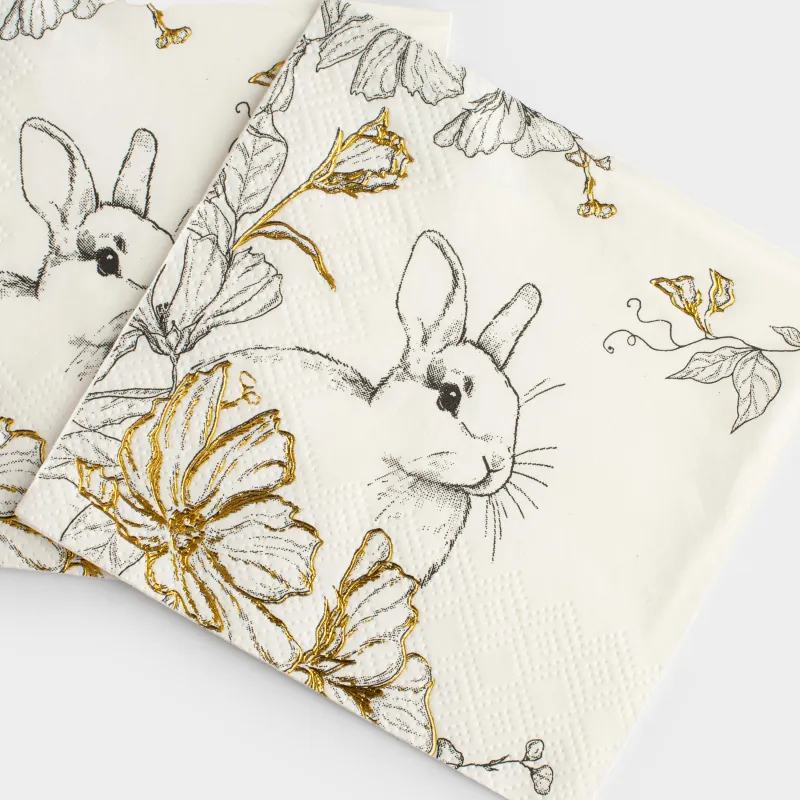 Қағаз майлықтар, 21х21 см, 20 дана, шаршы, ақ, Қоян және гүлдер, Peony gold, image-2