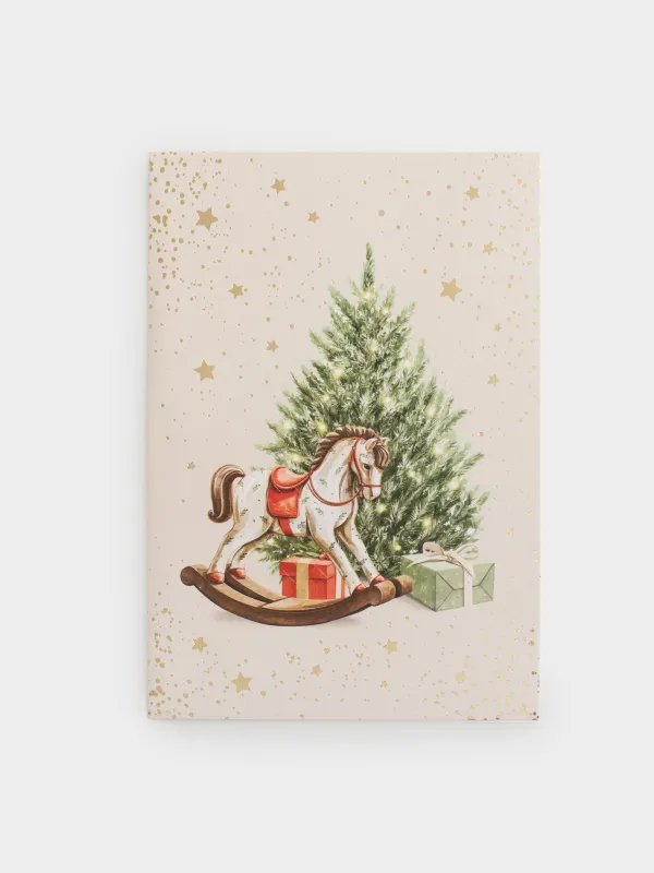Сыйлық ашықхаты, 12х17 см, қағаз, ақ, Шыршасы бар жылқы, Christmas horse, image-0