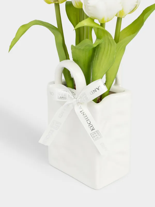 Жасанды гүл шоғы, 25 см, вазада, ТПЕ/керамика, Ақ қызғалдақтар, Tulip garden, image-1