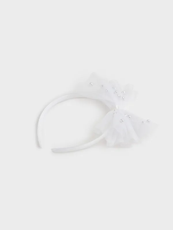Ободок для волос, 12х14 см, детский, пластик/полиэстер, белый, Бант с бусинами, Hairstyle, image-3