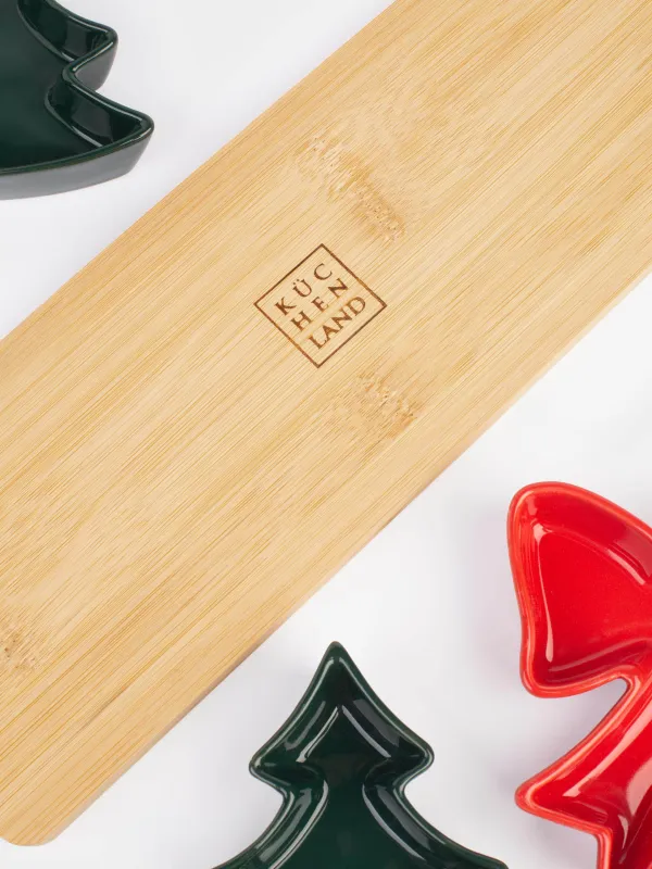 Набор для закусок, 3 пр, на подставке, фарфор P/бамбук, зеленый/красный, Ель и бант, Bamboo, image-4