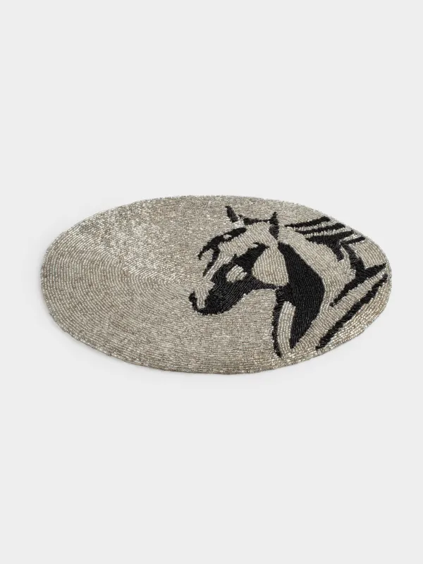 Салфетка под приборы, 30х40 см, бисер, овальная, серебристая, Лошадь, Art beads, image-1