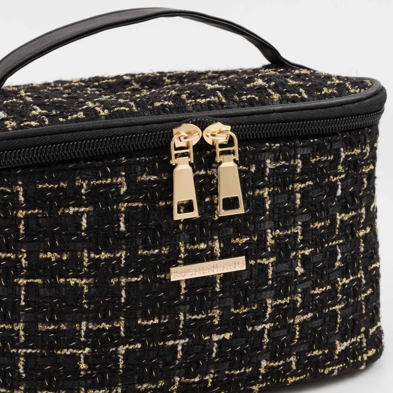 Косметикалық сөмке, 20х15 см, тұтқасы бар, твид, қара, Wenal, image-3