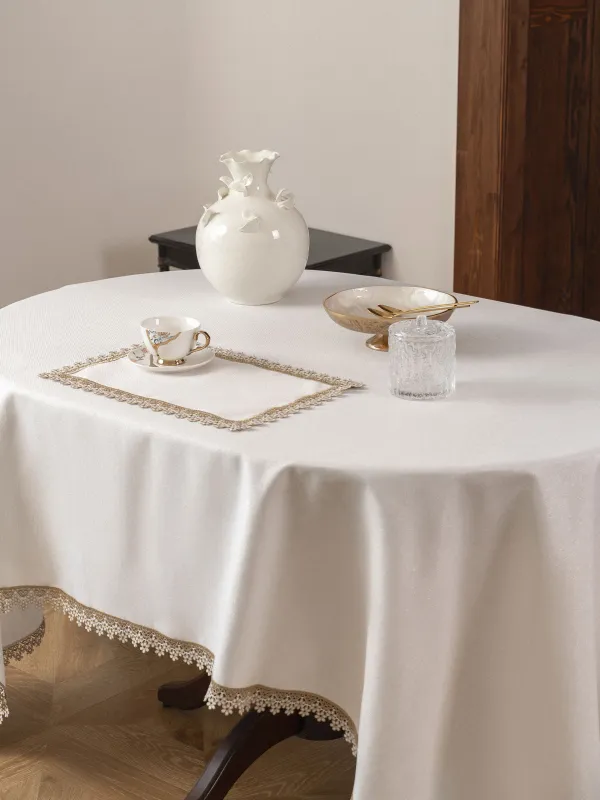 Дастархан, 160х160 см, полиэстер, ақ, Гүлді шілтер, Flower lace gold, image-1