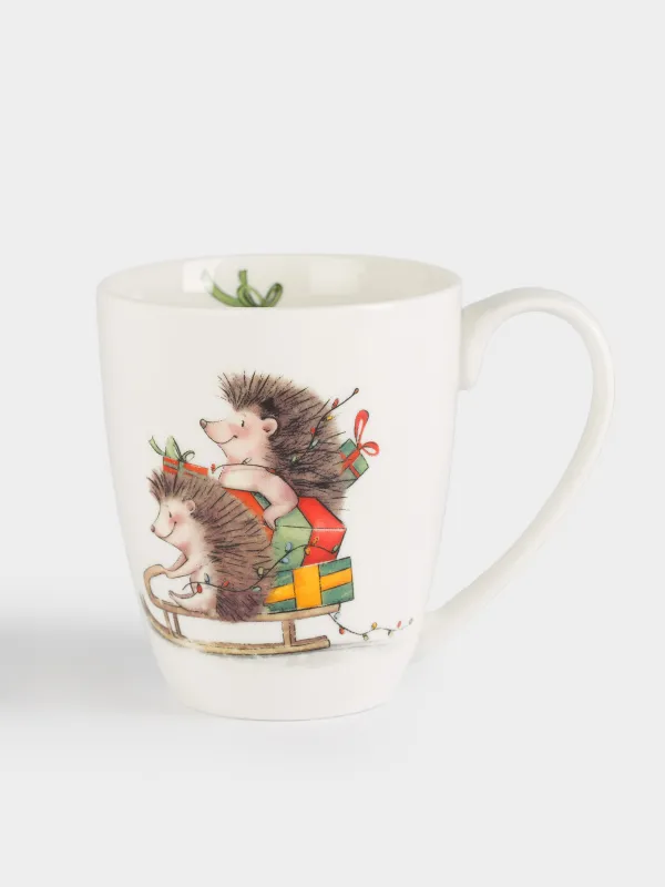 Кружка, 320 мл, фарфор N, белая, Ежи с подарками, Hedgehog christmas, image-0