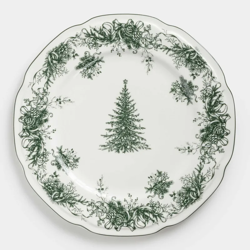 Түскі ас тәрелкесі, 26 см, фарфор N, ақ-жасыл, Шырша, Winter lace