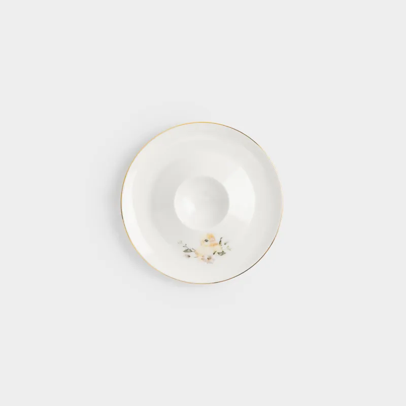 Жұмыртқа тұғыры, 13 см, фарфор F, ақ, алтын жиектері бар, Гүлдер арасындағы балапан, Easter