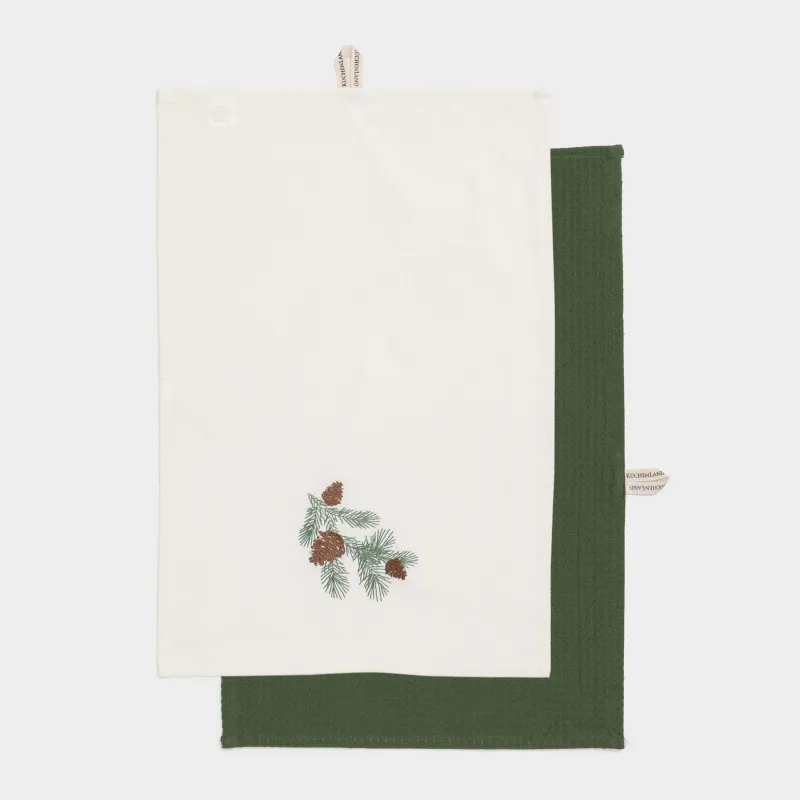 Полотенце кухонное, 40х60 см, 2 шт, хлопок, молочное/зеленое, Шишки на ветке, Conifer