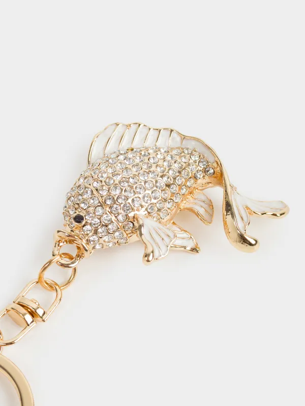 Салпыншақ, 12 см, металл/страздар, алтын, Балық, Keychain crystal, image-3