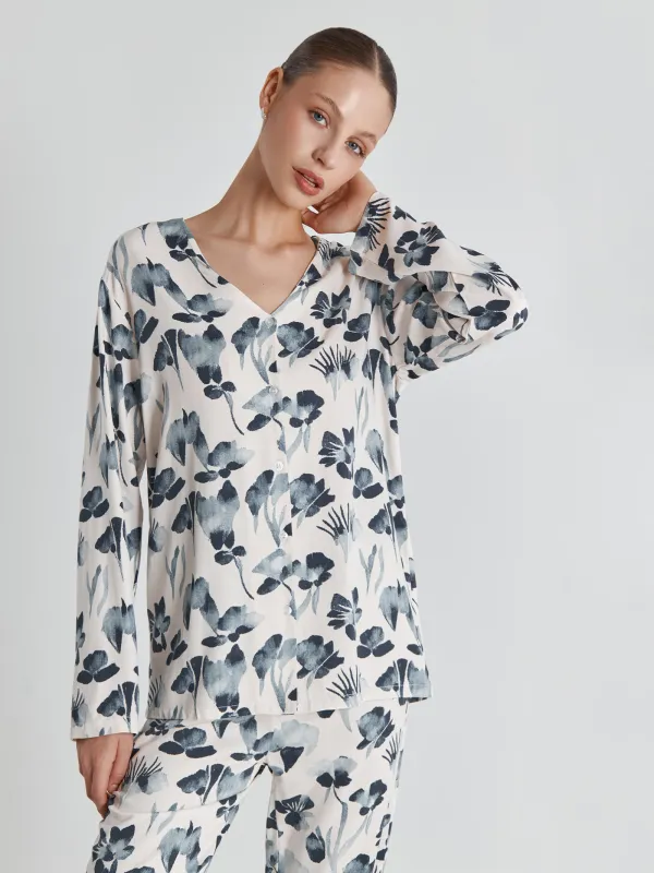 Рубашка женская, с длинным рукавом, вискоза, молочная, Синие цветы, Telia, image-4