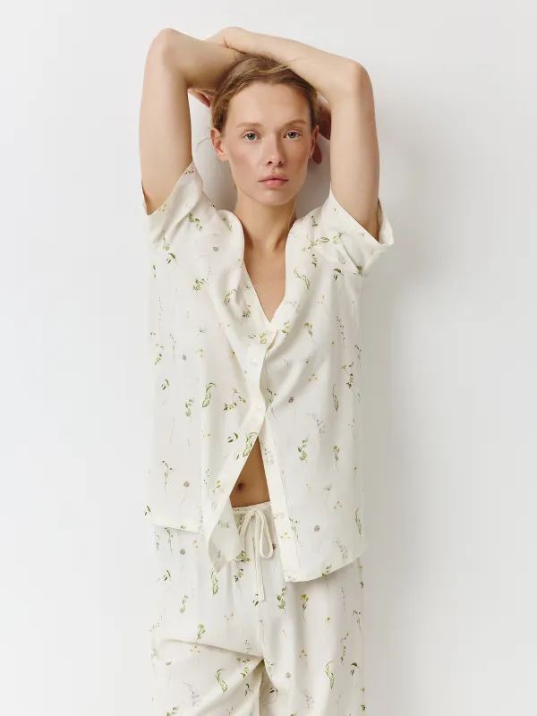 Әйелдер жейдесі, үйге арналған, өлшемі S, қысқа жеңді, вискоза, сүт түстес, Wildflowers, Amina, image-2