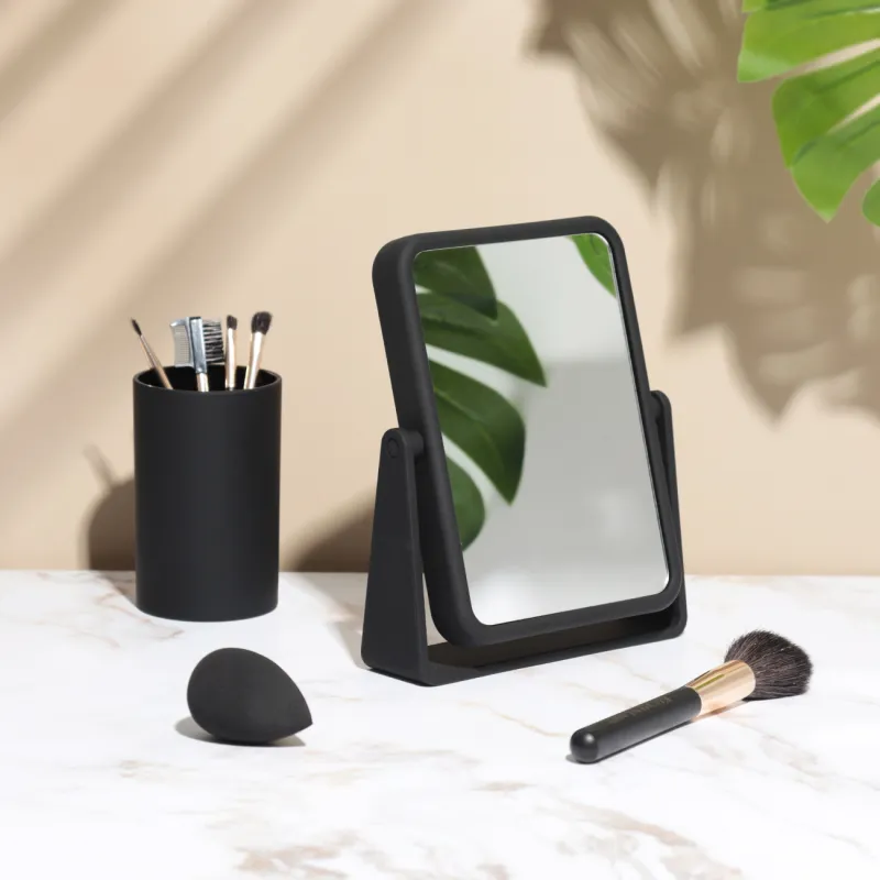 Зеркало настольное, 20x16/17x12 см, двустороннее, пластик, прямоугольное, черное, Total black, image-3