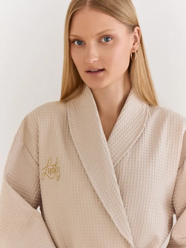 Әйелдер халаты, үйге арналған, өлшемі S, ұзын жеңді, вафельді, мақта, сүт түстес, Lucky, Stefani, image-2