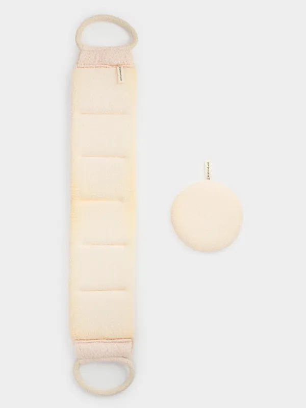 Набор для душа, 2 пр, мочалка-лента/мочалка-губка, нейлон/хлопок, бежевый, Unique spa, image-0