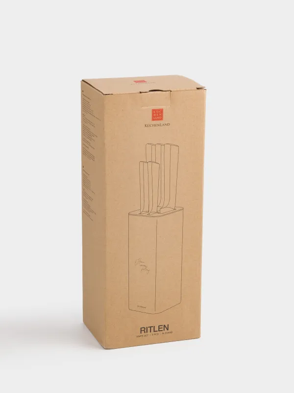 Пышақтар жинағы, 5 зат, тұғырда, болат/пластик, алтын/сүтті, Ritlen, image-6