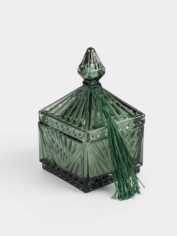 Свеча ароматическая, 6x11 см, в подсвечнике, с крышкой, с кисточкой, стекло, зеленая, Carnation&Freesia, Sabal color, image-1