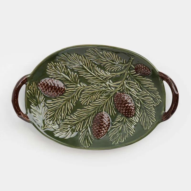 Ыдыс, 29х19 см, тұтқалары бар, керамика, жасыл, Шырша бұтақтарындағы бүршіктер, Forest whispers