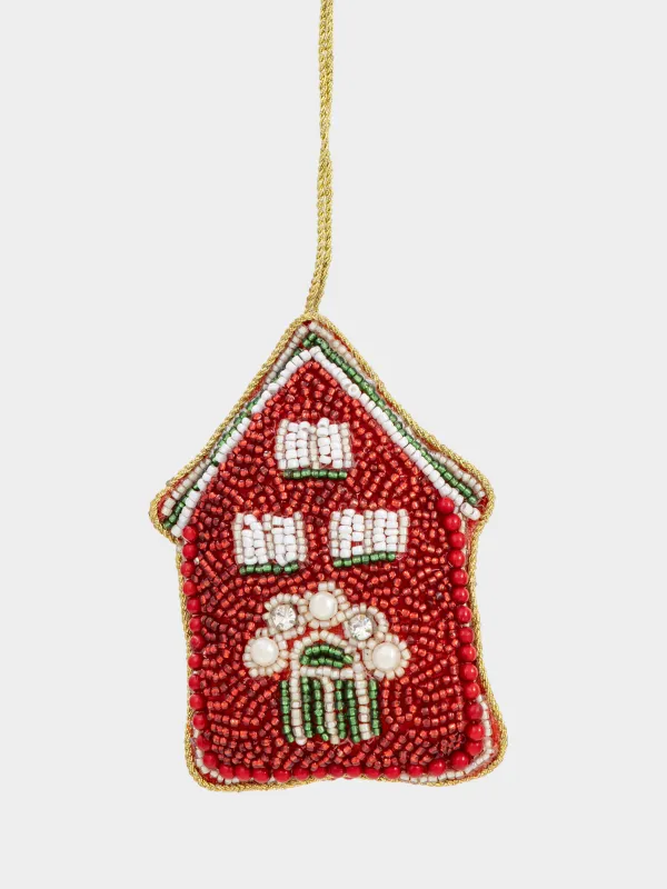 Игрушка елочная, 10 см, бисер/полифилл, красно-зеленая, Дом, Beads figure, image-0