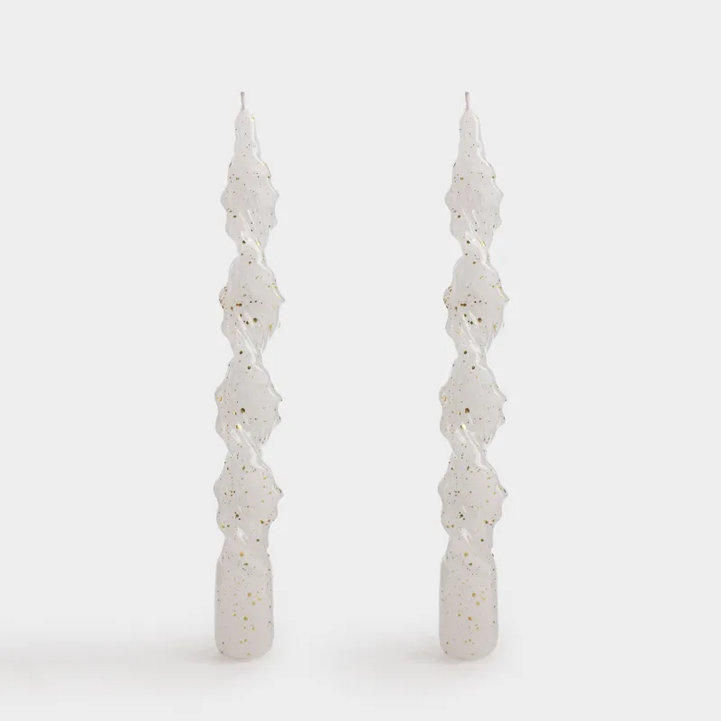 Свеча, 2 шт, 20 см, тонкая, белая, в золотистую крапинку, Спираль, Spiral shape