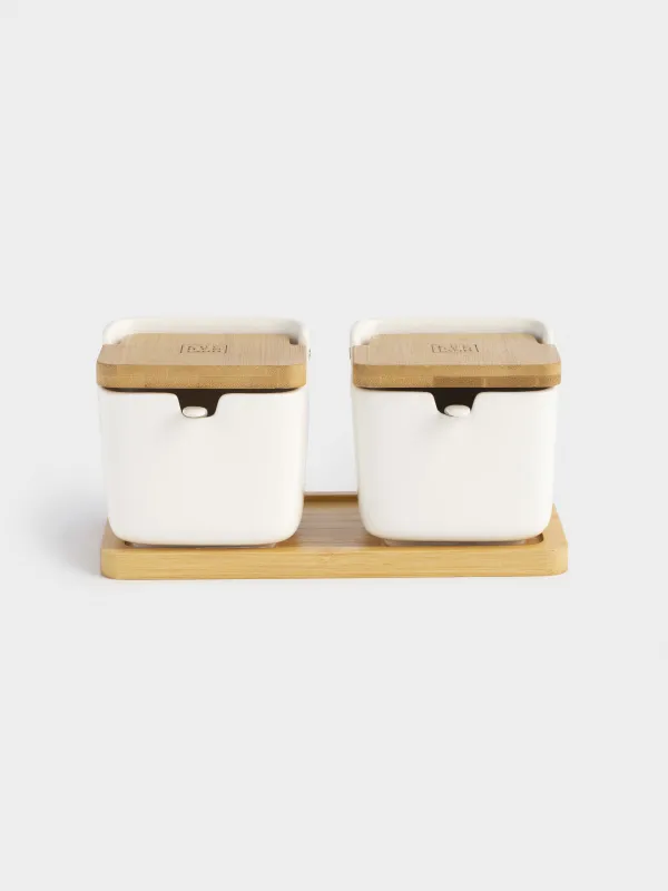 Банка для сыпучих продуктов, 250 мл, 2 шт, с ложками, на подставке, фарфор P/бамбук, белая, Keep, image-0