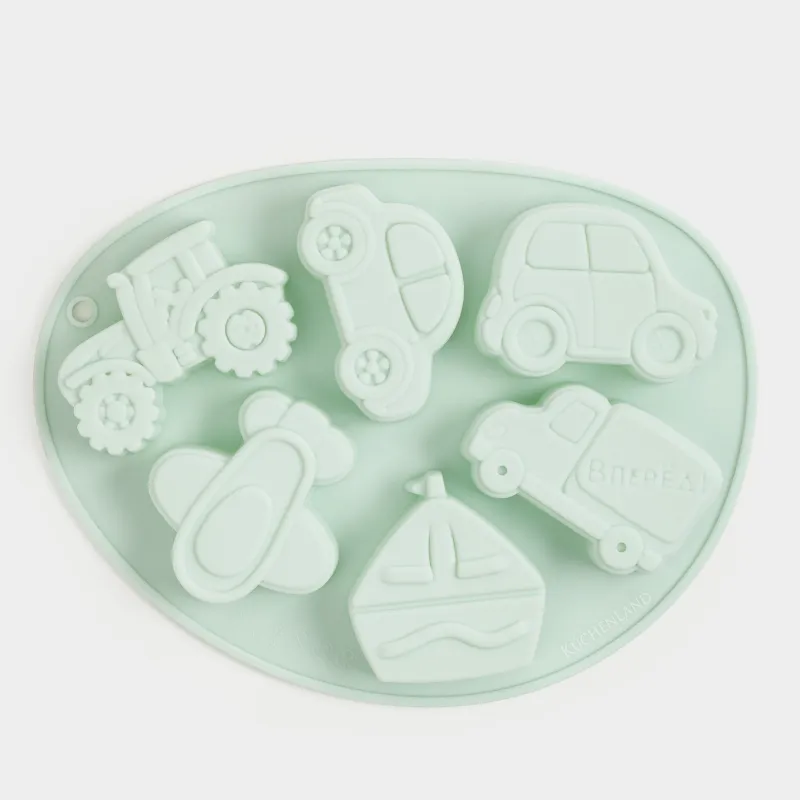 Форма для выпечки кексов, 15x21 см, 6 отд, силикон, зеленая, Виды транспорта, Bakery