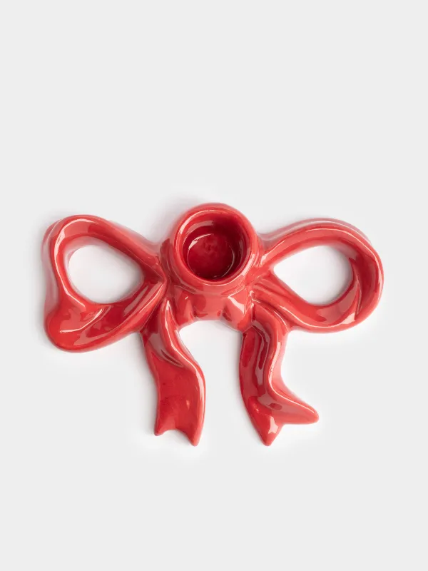 Шам ұстағыш, 13 см, жіңішке шамға арналған, керамика, қою қызыл, Бантик, Christmas traditions, image-0